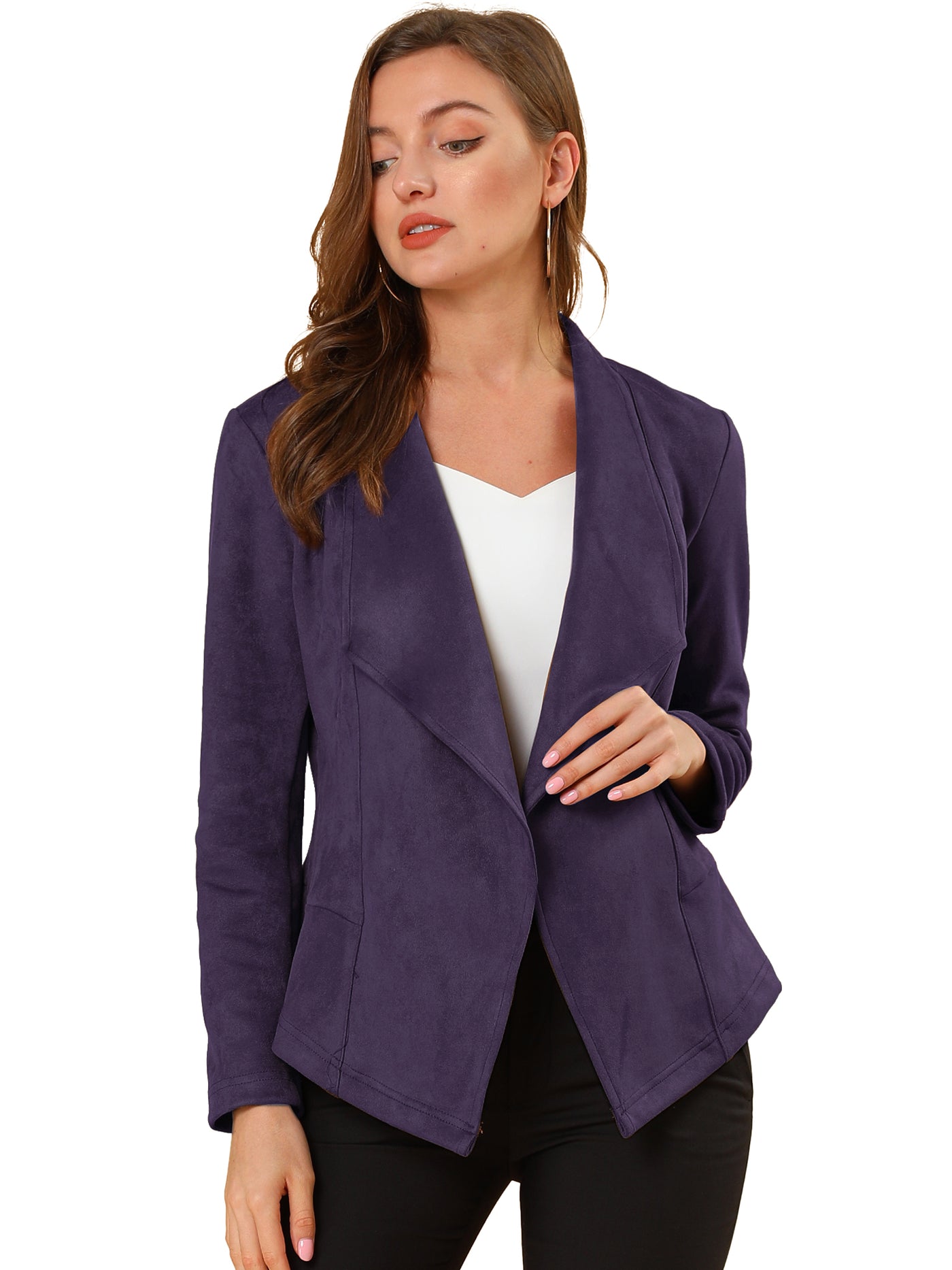 Allegra K Faux Suede Jacket Open Front Lapel Draped Outwear Cardigan