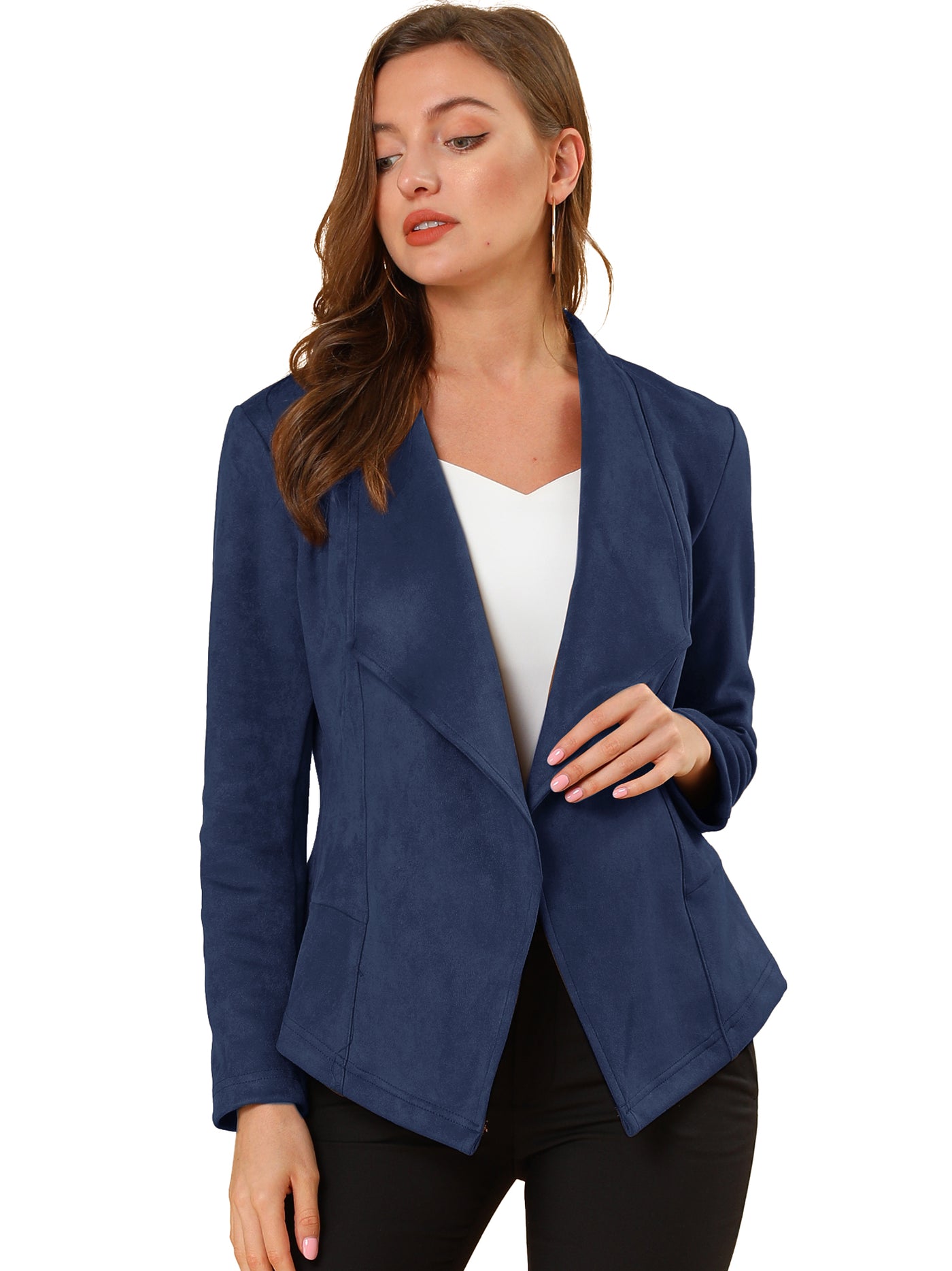 Allegra K Faux Suede Jacket Open Front Lapel Draped Outwear Cardigan