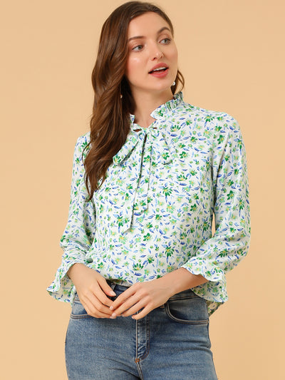 Ruffle Collar 3/4 Sleeve Tie Neck Chiffon Floral Blouse Top