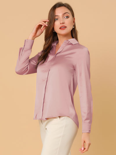 Satin V Neck Long Sleeve Silky Office Work Solid Shirt