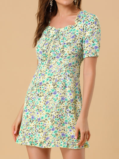Floral Ruffle Square Neck Short Sleeve Summer Mini Dress