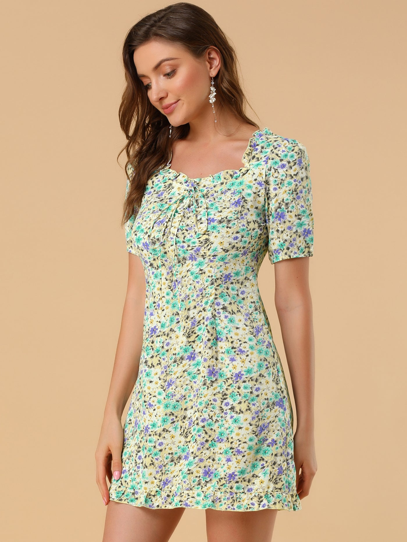 Allegra K Floral Ruffle Square Neck Short Sleeve Summer Mini Dress