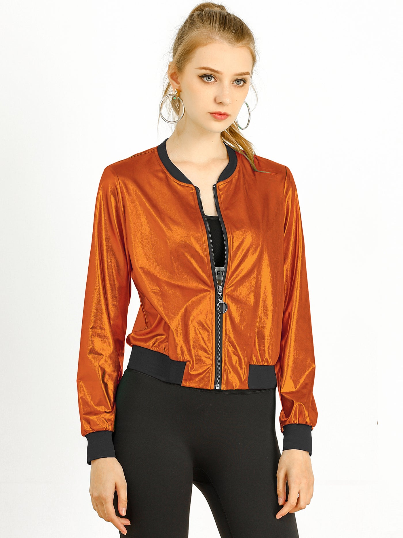 Allegra K Holographic Shimmering Metallic Lightweight Bomber Jacket