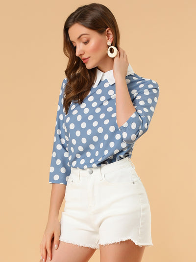 Polka Dots Contrast Peter Pan Collar Top 3/4 Sleeve Blouse Shirt