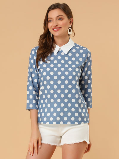 Polka Dots Contrast Peter Pan Collar Top 3/4 Sleeve Blouse Shirt