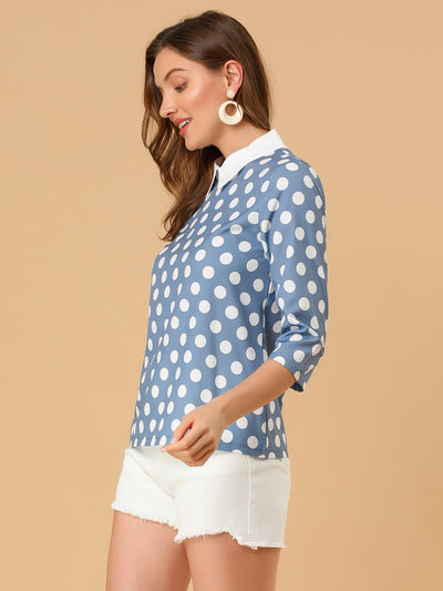 Polka Dots Contrast Peter Pan Collar Top 3/4 Sleeve Blouse Shirt