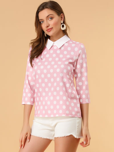 Polka Dots Contrast Peter Pan Collar Top 3/4 Sleeve Blouse Shirt