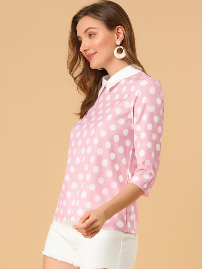 Polka Dots Contrast Peter Pan Collar Top 3/4 Sleeve Blouse Shirt