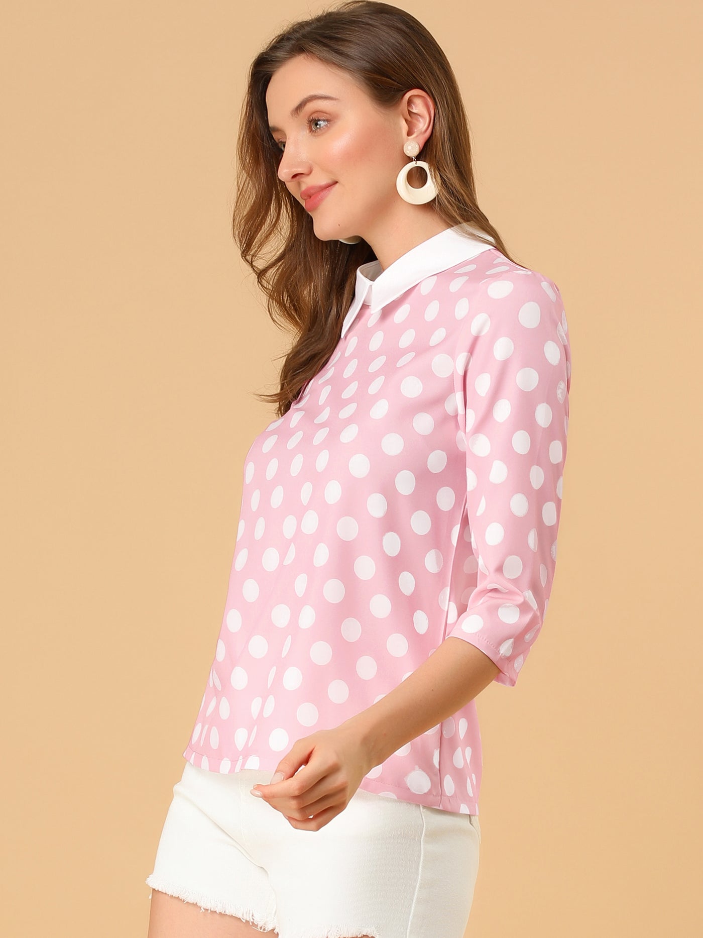 Allegra K Polka Dots Contrast Peter Pan Collar Top 3/4 Sleeve Blouse Shirt