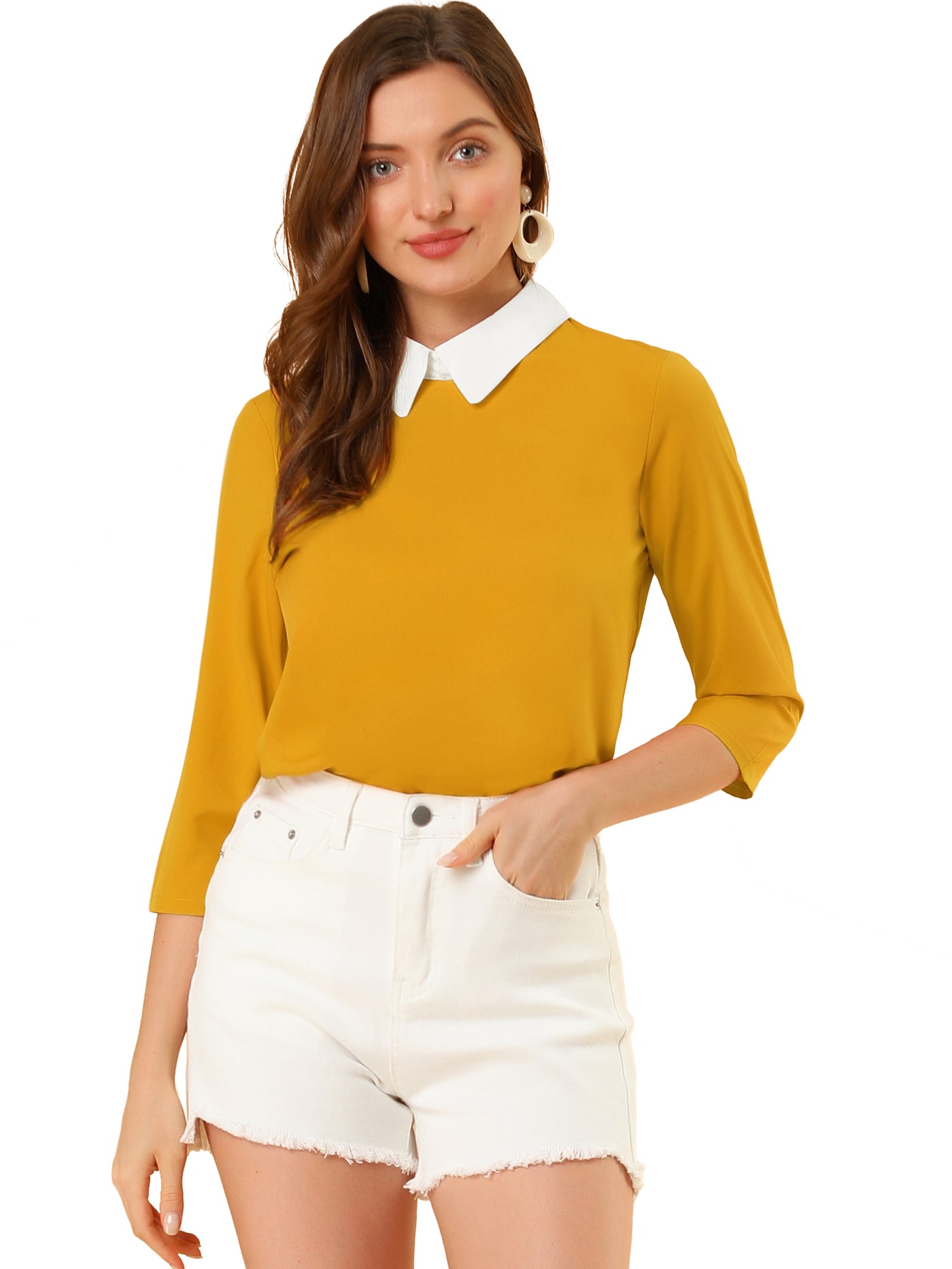 Allegra K Contrast Point Collar 3/4 Sleeve Casual Chiffon Blouse Tops