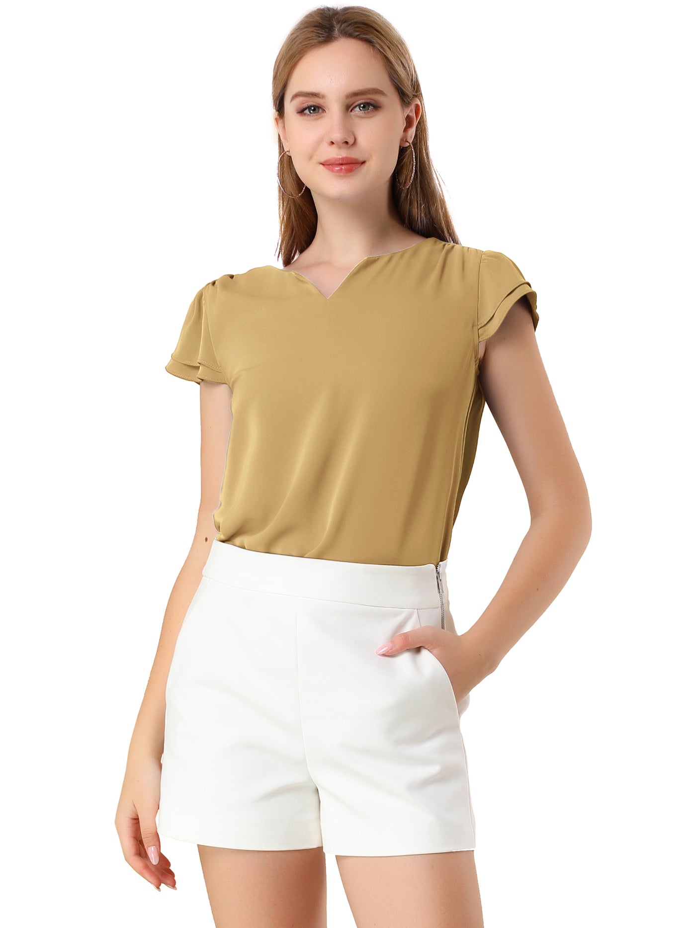 Allegra K Solid Casual Plain Cap Sleeve Blouse Top