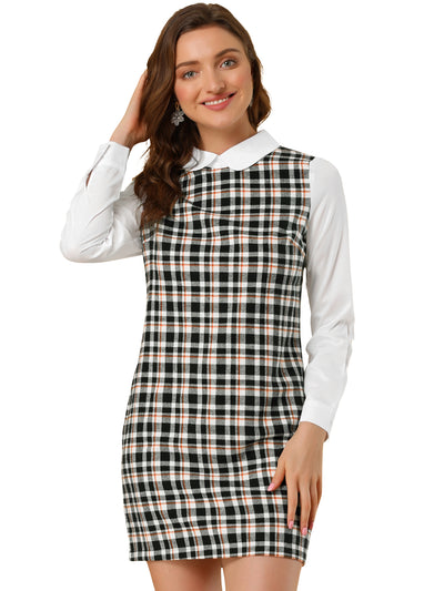 Contrast Peter Pan Collar Long Sleeve Shift Plaid Dress