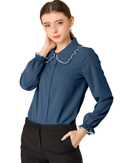 Sweet Ruffle Peter Pan Collar Long Sleeve Button Up Shirt