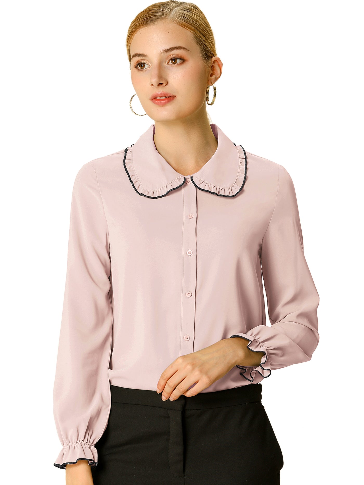 Allegra K Sweet Ruffle Peter Pan Collar Long Sleeve Button Up Shirt