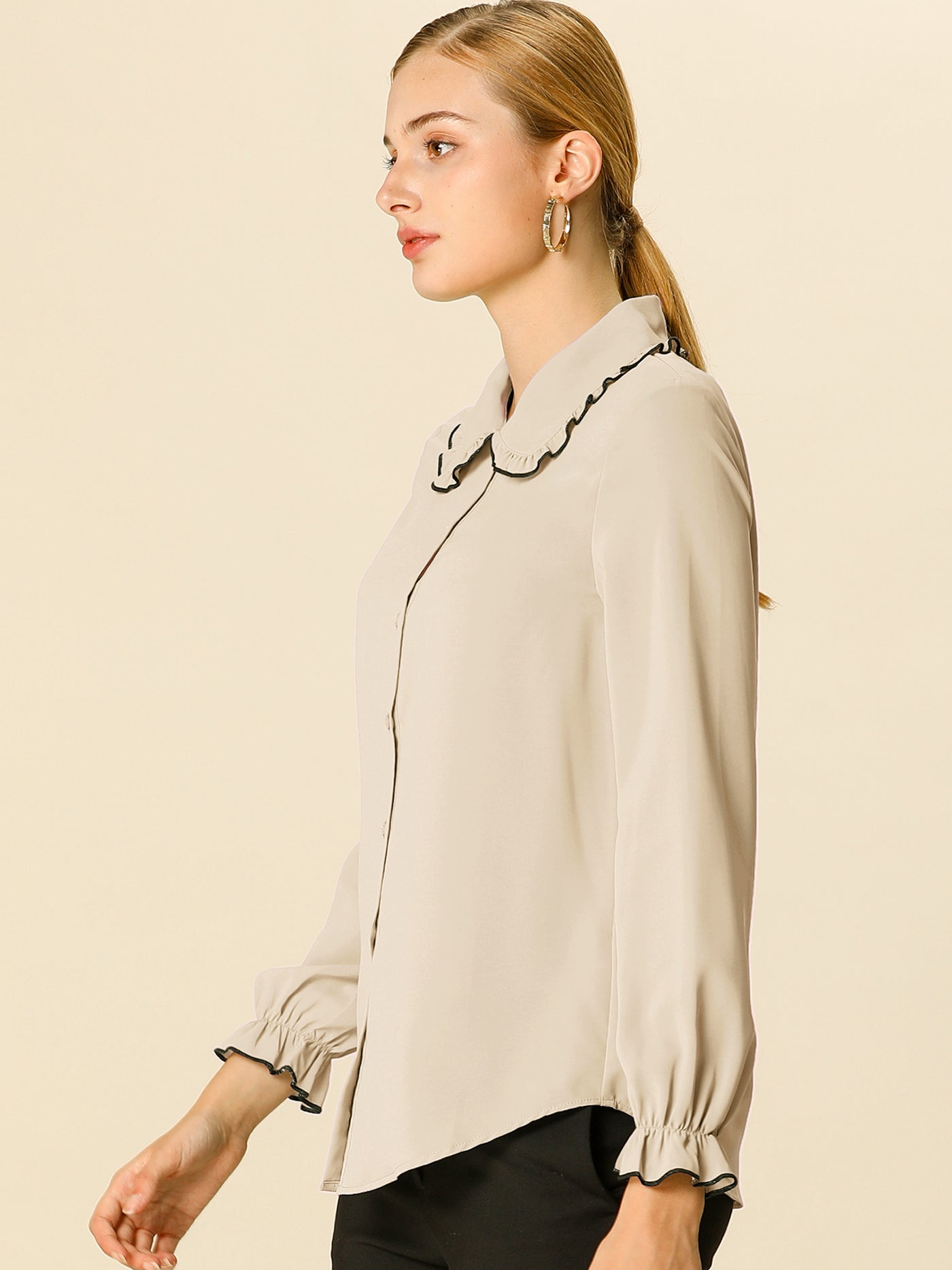 Allegra K Sweet Ruffle Peter Pan Collar Long Sleeve Button Up Shirt