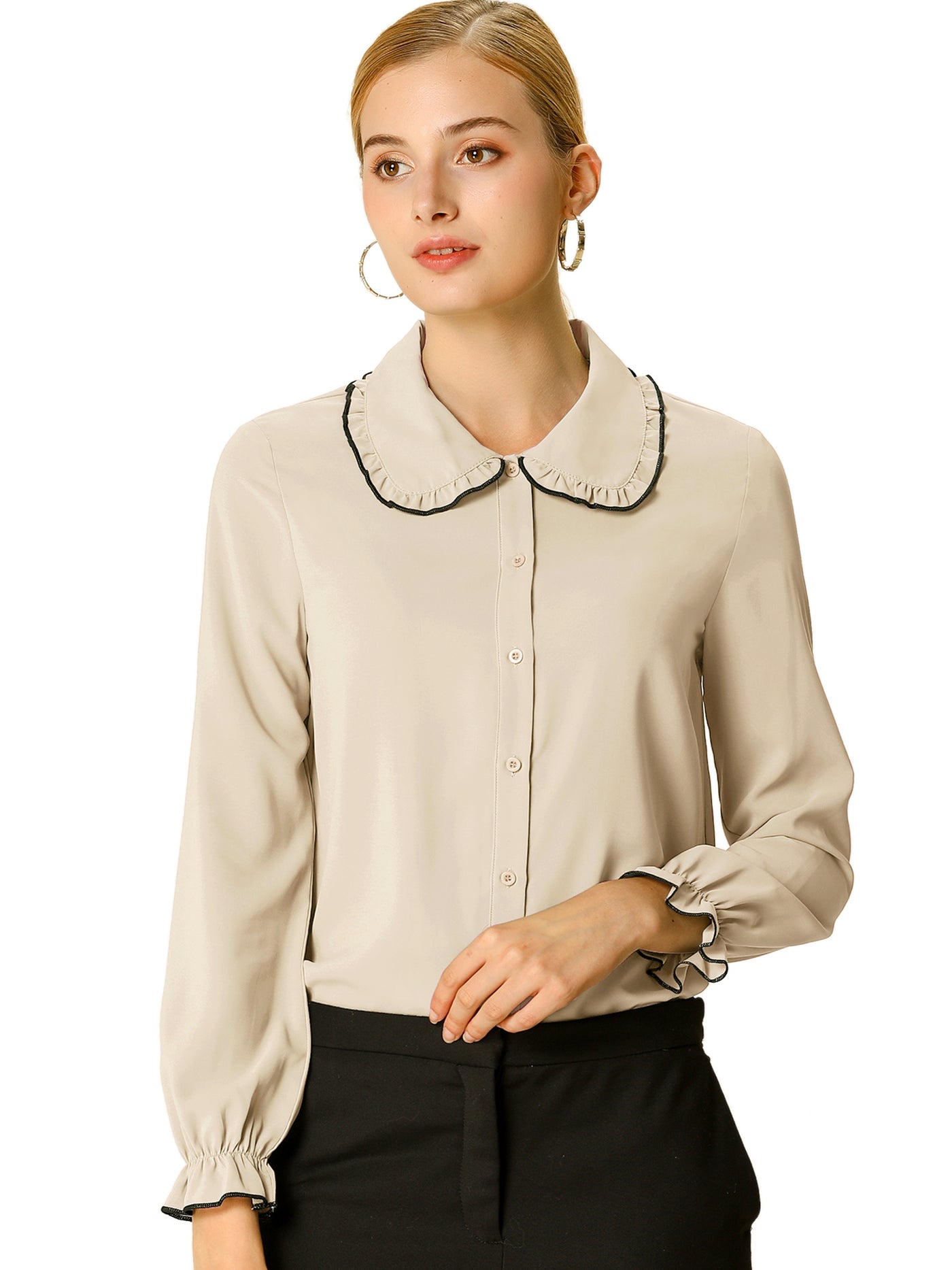 Allegra K Sweet Ruffle Peter Pan Collar Long Sleeve Button Up Shirt