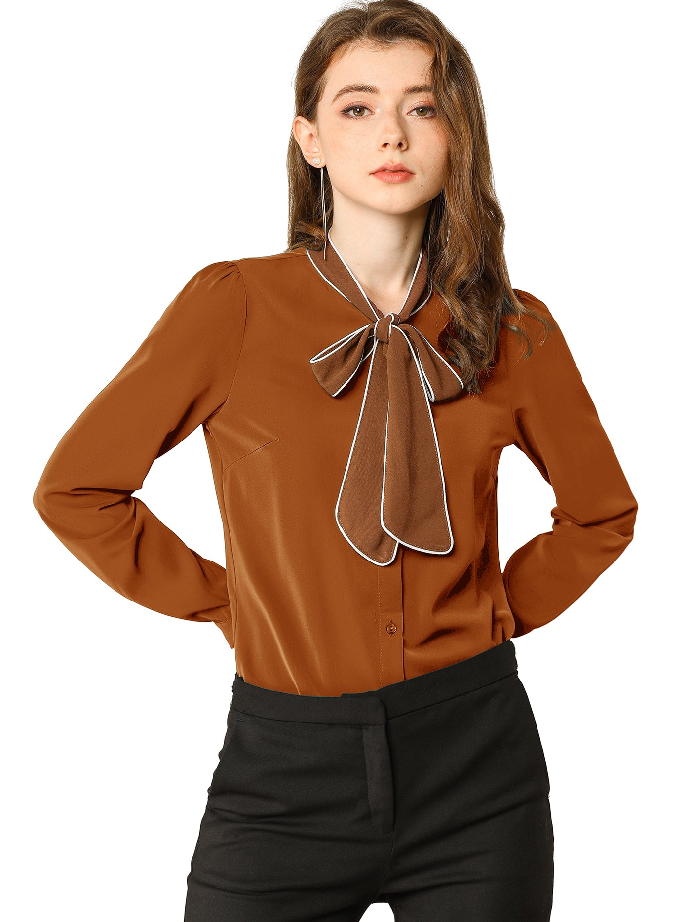 Allegra K Tie Neck Contrast Color Button Down Long Sleeve Shirt