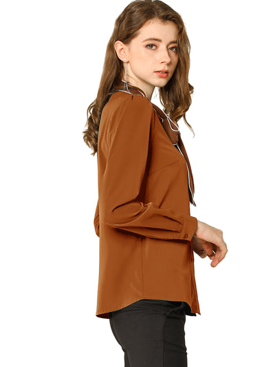 Tie Neck Contrast Color Button Down Long Sleeve Shirt