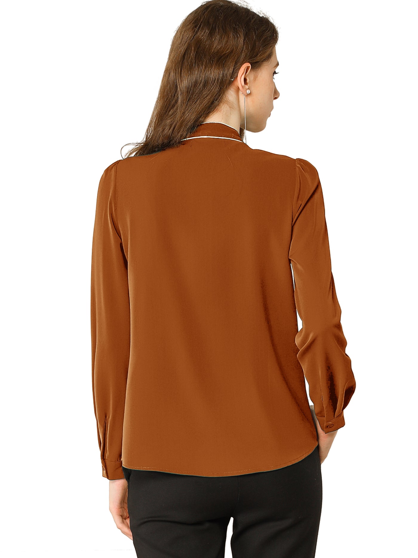 Allegra K Tie Neck Contrast Color Button Down Long Sleeve Shirt