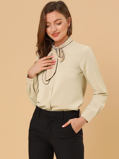 Tie Neck Contrast Color Button Down Long Sleeve Shirt