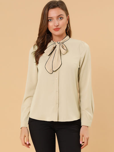 Tie Neck Contrast Color Button Down Long Sleeve Shirt