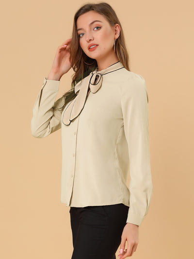 Tie Neck Contrast Color Button Down Long Sleeve Shirt