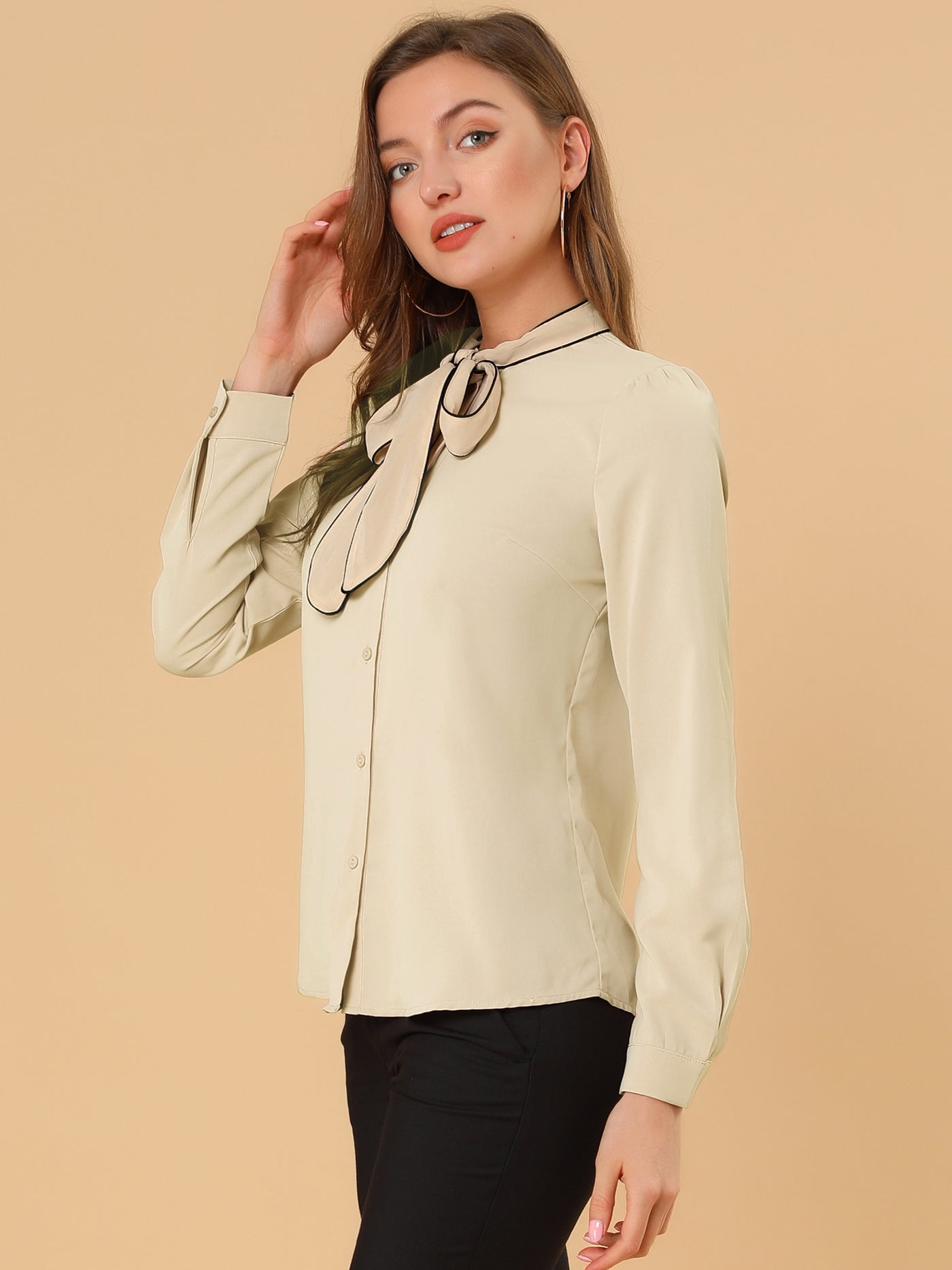 Allegra K Tie Neck Contrast Color Button Down Long Sleeve Shirt