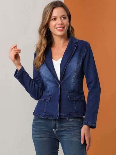 Notched Lapel One Button Long Sleeve Business Washed Denim Blazer
