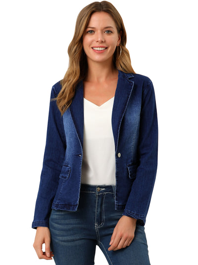 Notched Lapel One Button Long Sleeve Business Washed Denim Blazer