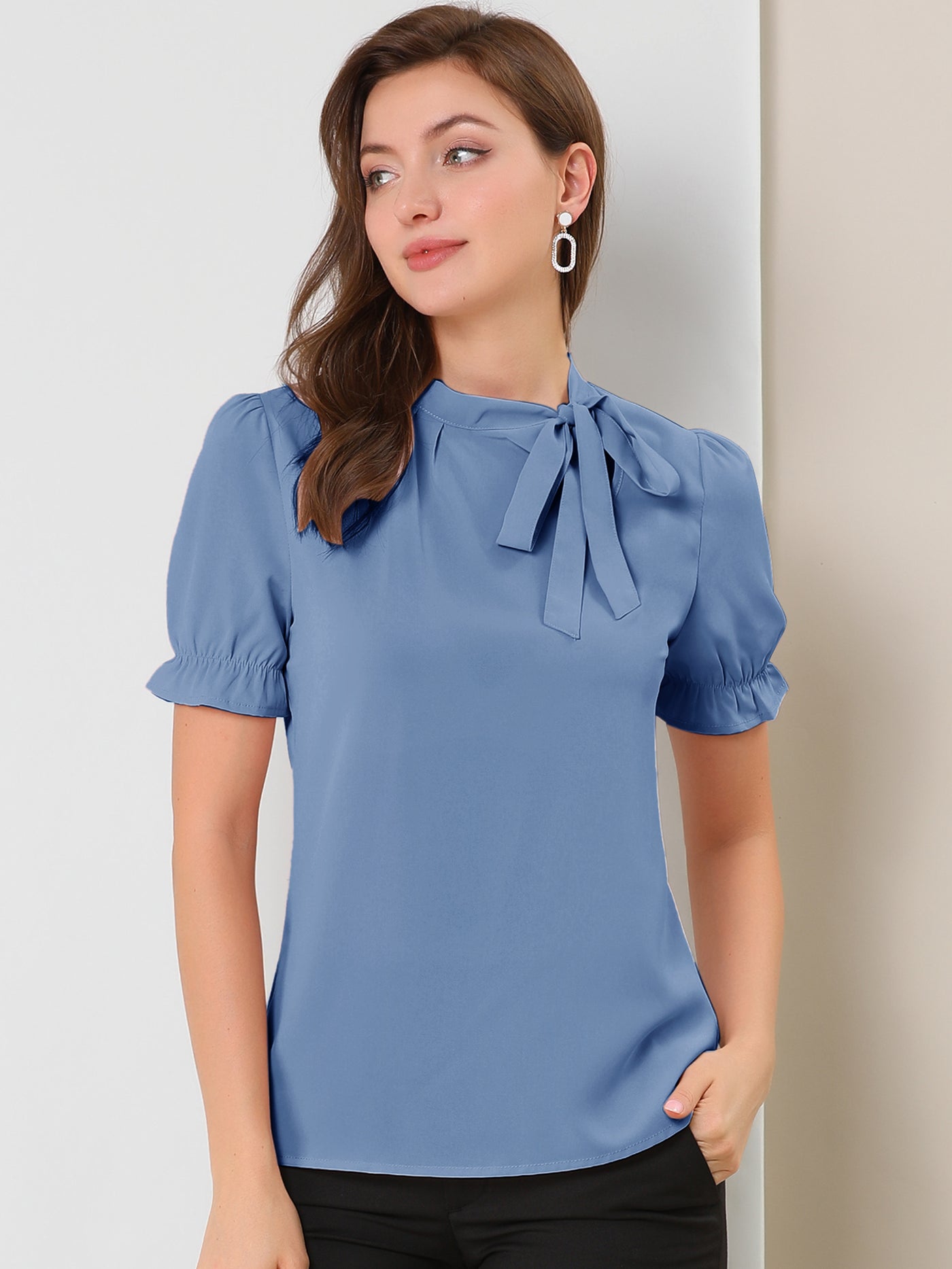 Allegra K Bow Tie Neck Tops Elegant Office Short Sleeve Blouse