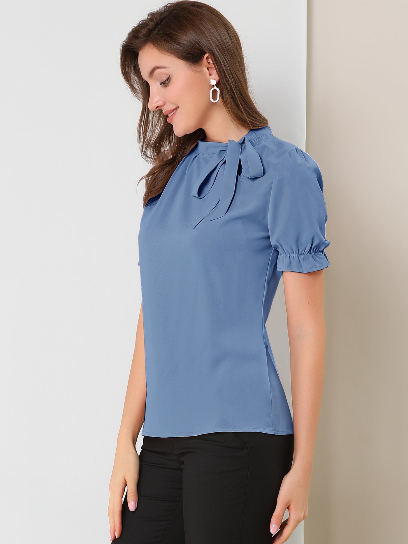 Allegra K Bow Tie Neck Tops Elegant Office Short Sleeve Blouse