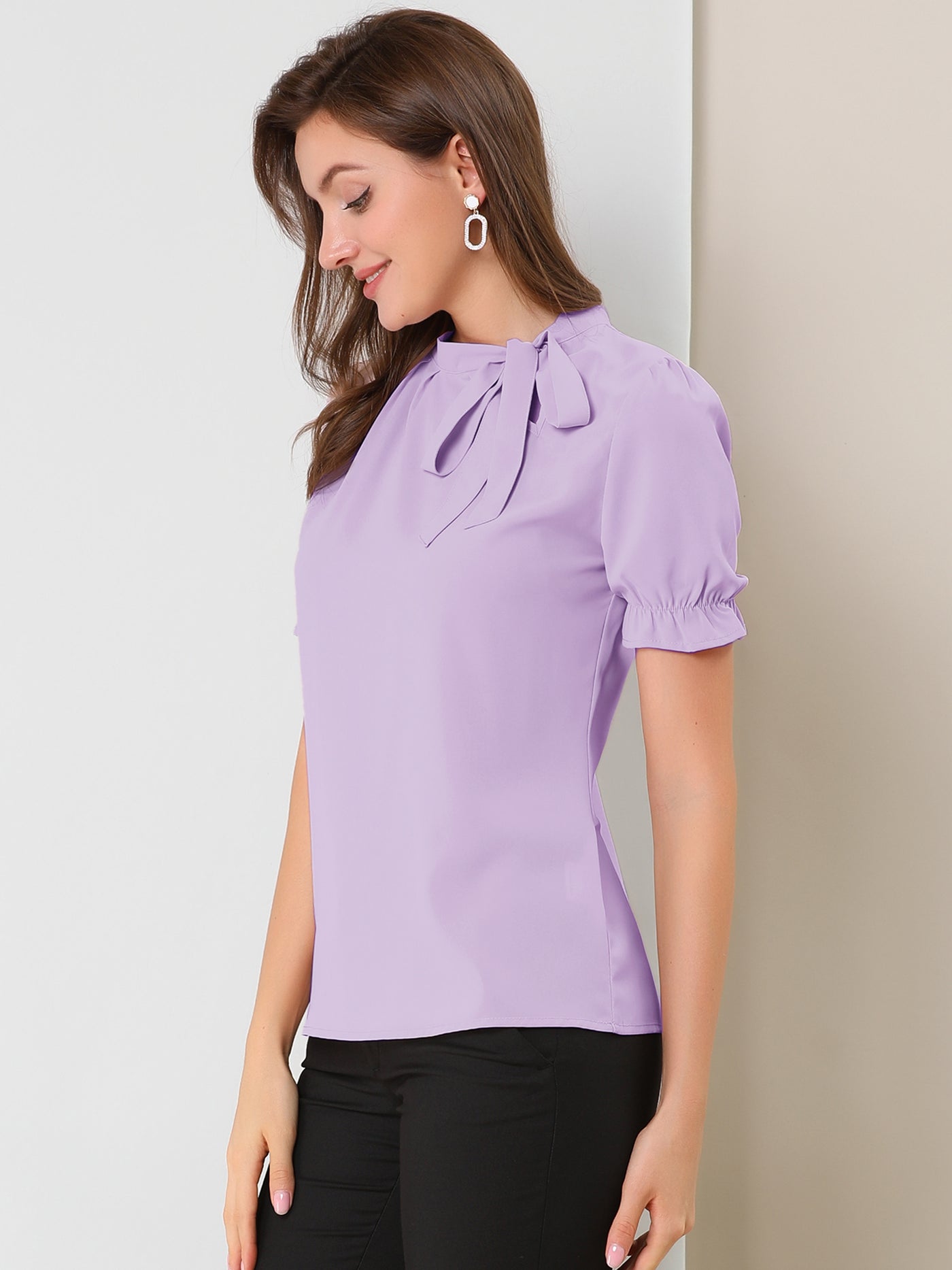 Allegra K Bow Tie Neck Tops Elegant Office Short Sleeve Blouse