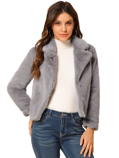 Autumn Winter Cropped Jacket Notch Lapel Faux Fur Fluffy Coat