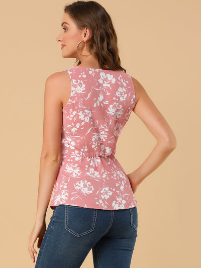 Sleeveless V Neck Tie Waist Asymmetric Hem Floral Peplum Top