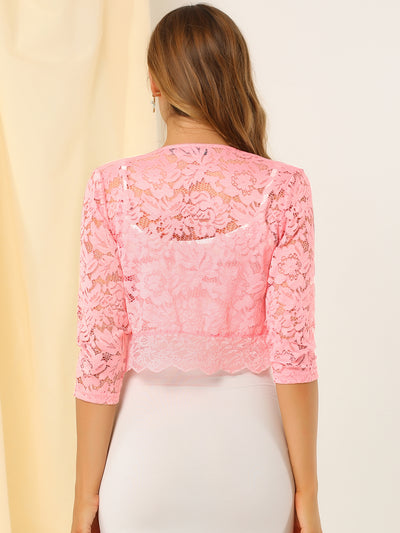 3/4 Sleeves Sheer Floral Lace Cropped Bolero Shrug