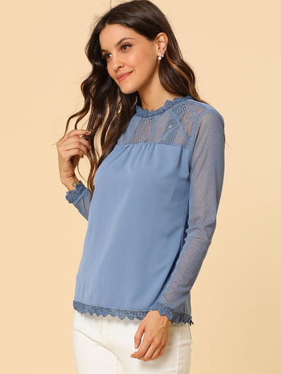 Lace Mesh Long Sleeve Round Neck Casual Elegant Blouse