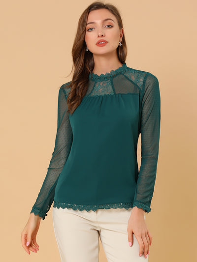 Lace Mesh Long Sleeve Top Round Neck Casual Elegant Blouse