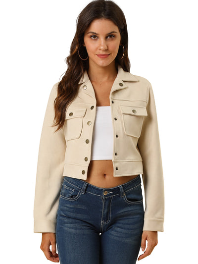 Faux Suede Jacket Button Down Collar Pockets Crop Moto Biker Coat