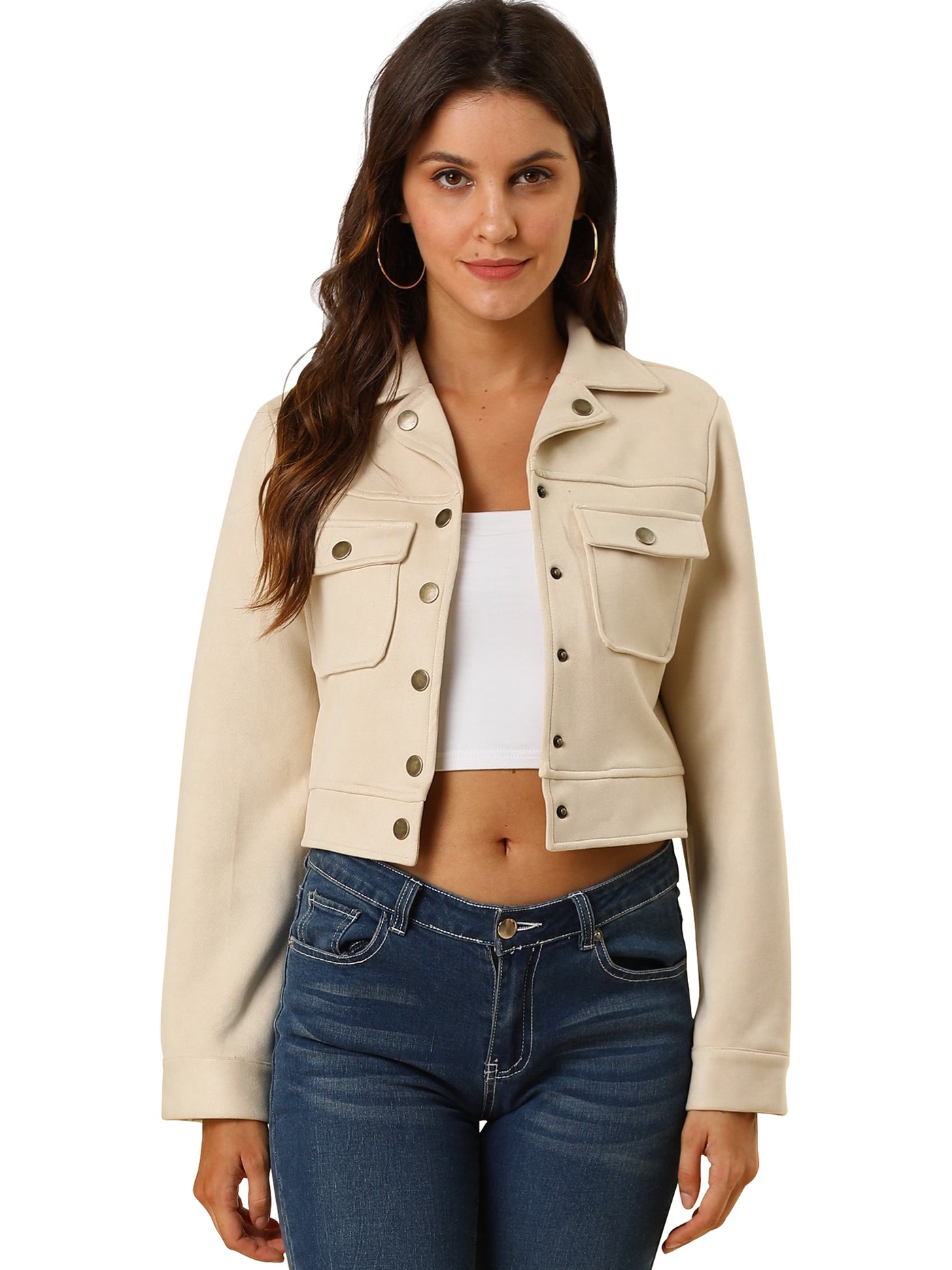 Allegra K Faux Suede Jacket Button Down Collar Pockets Crop Moto Biker Coat