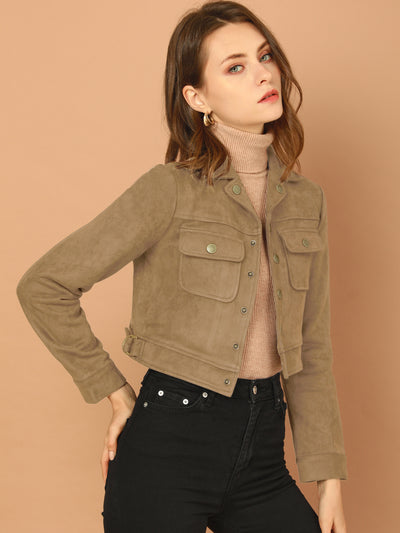 Faux Suede Jacket Button Down Collar Pockets Crop Moto Biker Coat