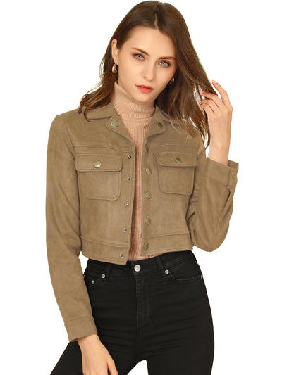 Faux Suede Jacket Button Down Collar Pockets Crop Moto Biker Coat