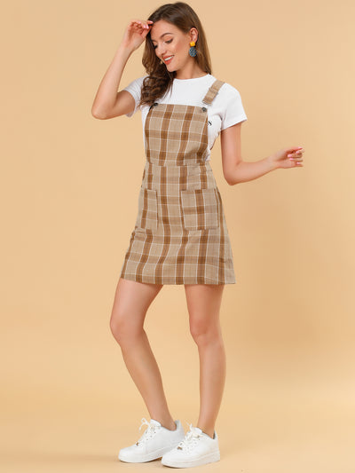 Adjustable Strap Above Knee Plaid Printed Overall Suspender Skirt