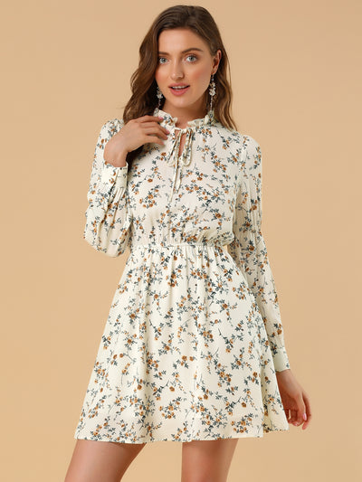 Floral Ruffle Tie Neck Puff Sleeve Vintage Dress