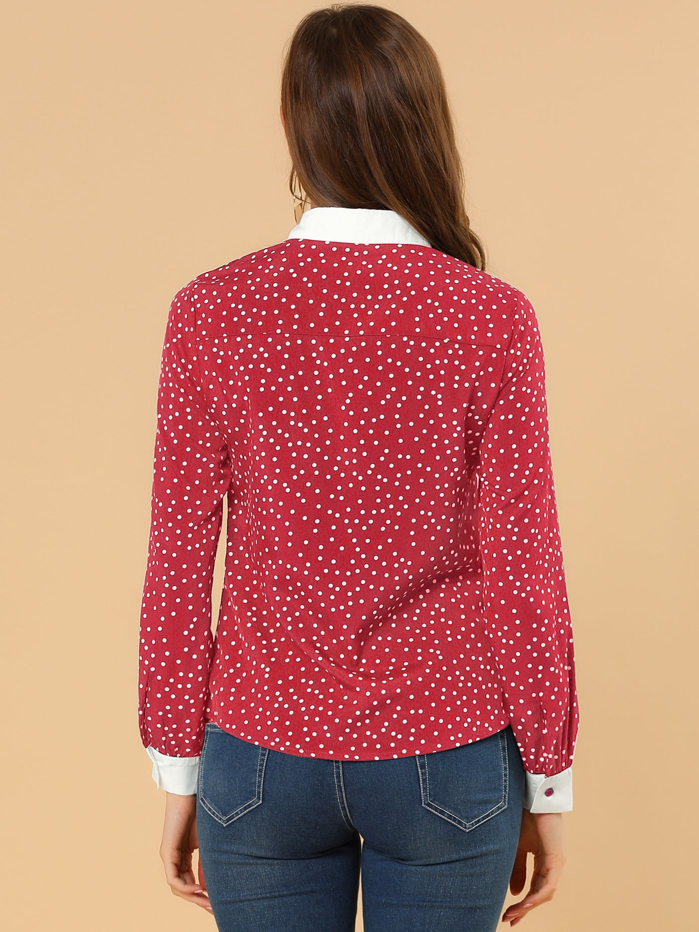 Allegra K Contrast Point Collar Blouse Dots Button Down Shirt