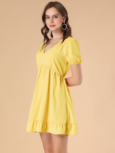 V Neck Short Sleeve Ruffle Hem Babydoll Dress