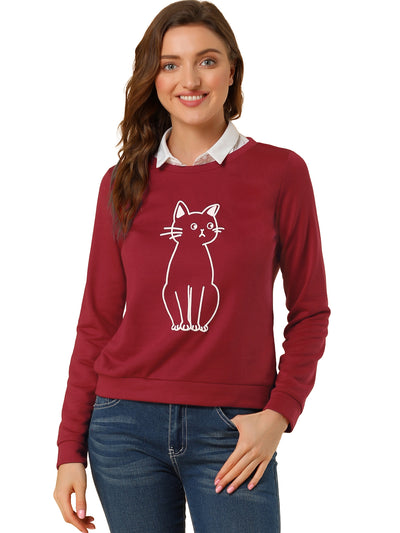 Round Neck Long Sleev Cat Printed Winter Sweatshirt