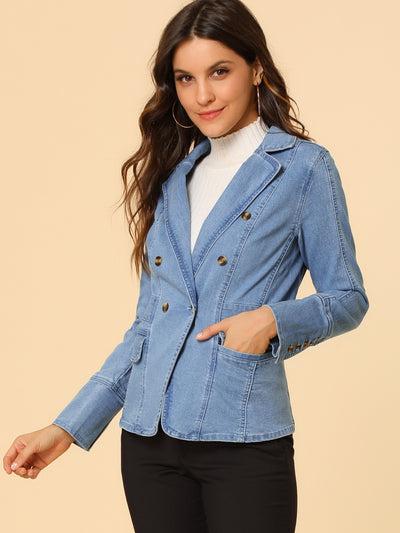 Notched Lapel Long Sleeve Pockets Denim Blazer Jean Jacket