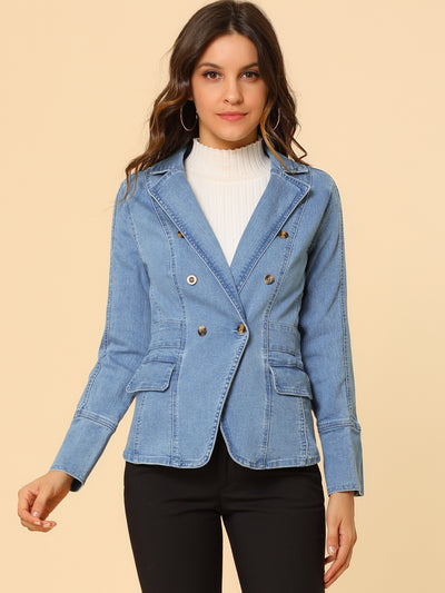 Notched Lapel Long Sleeve Pockets Denim Blazer Jean Jacket