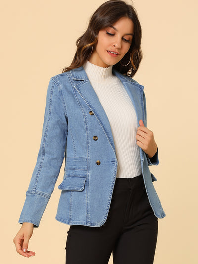 Notched Lapel Long Sleeve Pockets Denim Blazer Jean Jacket