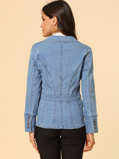 Notched Lapel Long Sleeve Pockets Denim Blazer Jean Jacket